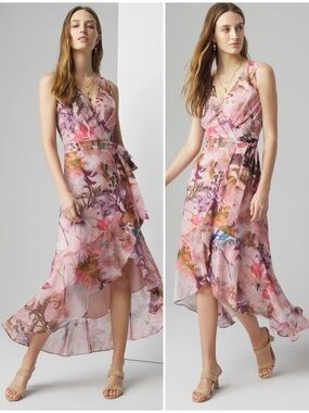 NWT WHBM V-Neck Ruffle Wrap Dress in Whisper FIoral Camellia Blush Pink Size 8